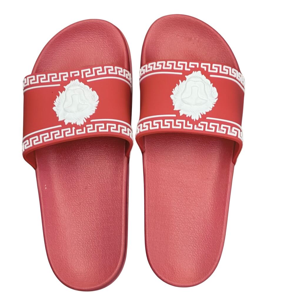 Red Slide Sandals Size 7 NWOT Greek Key Lion Head Embossed Pool Beach Slides